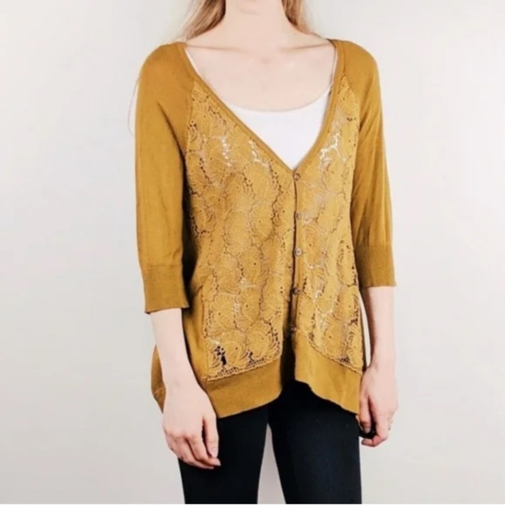 Anthropologie Knitted & Knotted Mustard 3/4 Sleeve Cardigan Sweater Lace Crochet